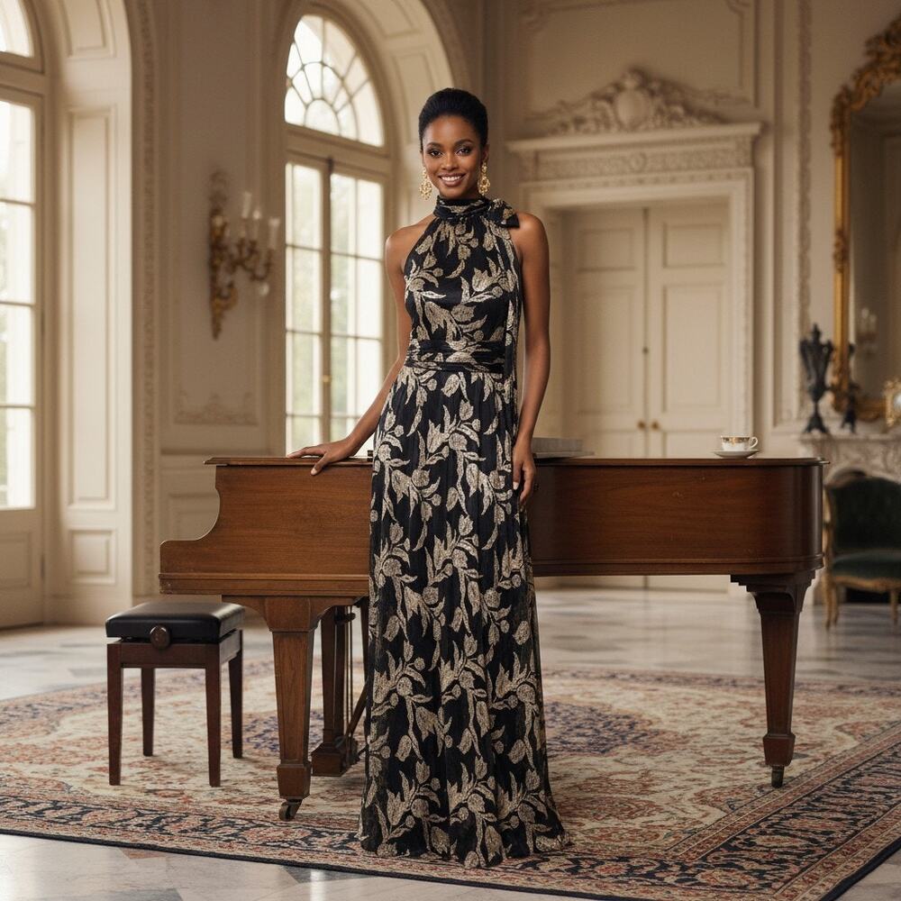 Betsy & Adam Women’s Metallic‑Print Long Formal Gown Black Gold Size 4 NWT